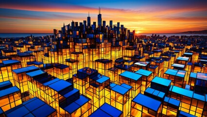 Obraz premium Colorful city skyline with glass buildings in geometric shapes, bathed in warm sunset light. Ideal for modern architecture, urban art, and city design themes.