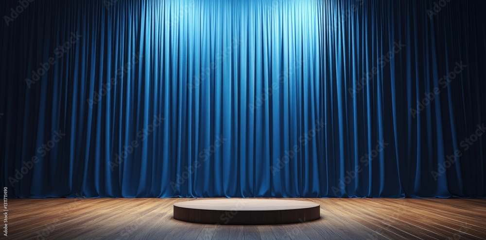 Poster a dimly lit stage with a circular platform, surrounded by elegant blue curtains, creating an atmosph