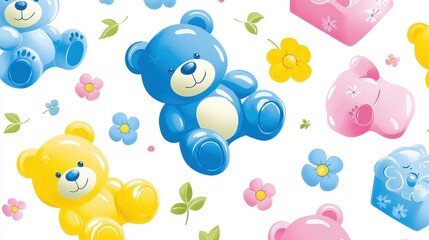 Fototapeta premium Cute Teddy Bears Pattern on White
