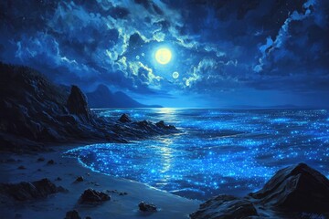 A bioluminescent bay glowing in an electric blue hue under a moonlit sky, as tiny organisms light up the water with each gentle movement