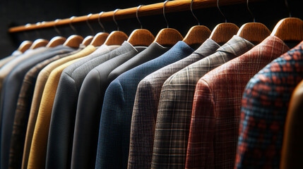 Obraz premium An elegant collection of stylish suits displayed on wooden hangers in a wardrobe.