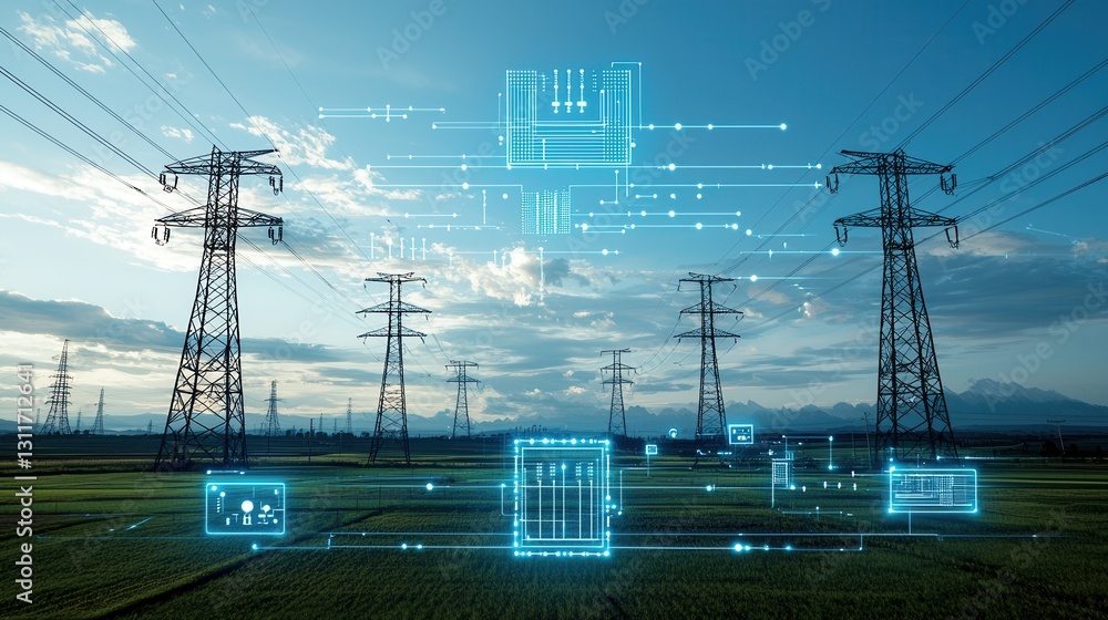 Poster power grid infrastructure with advanced electricity transmission and distribution network futuristic