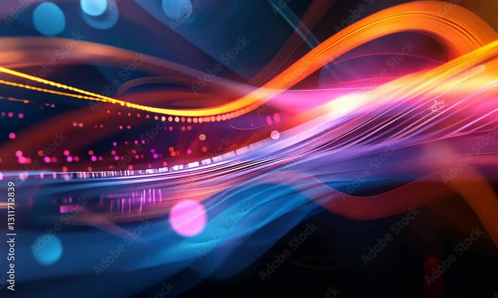 Poster vibrant light trails with bokeh on dark background