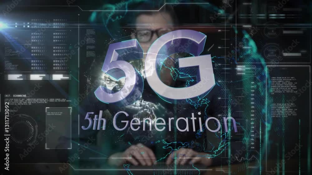 Poster 5g technology and data processing animation over person typing on keyboard