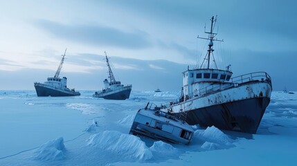 Obraz premium Iceberg melting concept. Abandoned ships resting on icy landscape under a calm, blue sky.