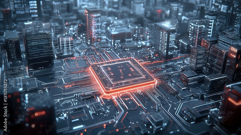 Poster futuristic cyber city with radiant digital infrastructure illuminated highways and a complex network