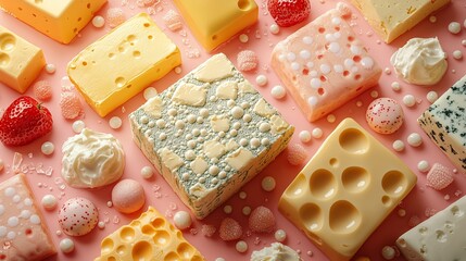 Colorful assortment of cheeses and sweets arranged on a pink backdrop, evoking a playful feast