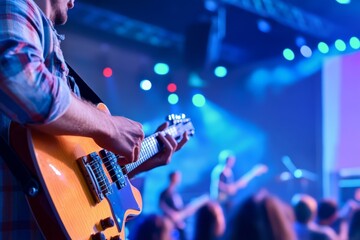 Obraz premium A guitarist performing on stage with vibrant lights in the background