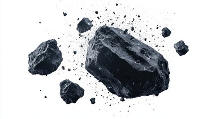 Dark rocks exploding on white background