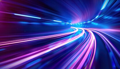 Futuristic purple vibrant blue violet speed in tunnel curve wave warp dive lighting shine smooth line effect.