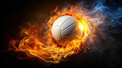 Naklejka premium A volleyball is engulfed in flames with intense heat and light radiating from it on a dark black background