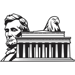 T-Short Pront sightseeing Lincoln Memorial with eagle in black and white illustration