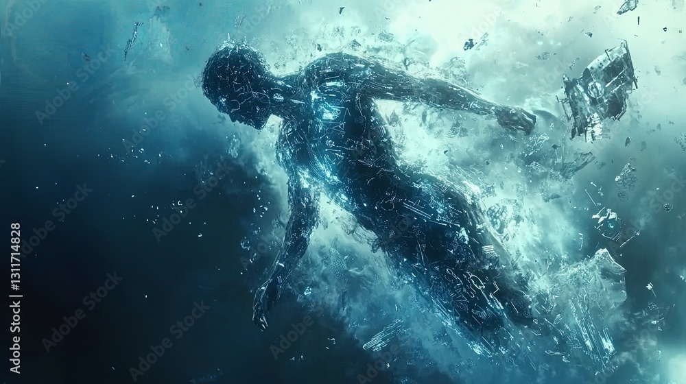 Poster digital representation of a humanoid figure navigating an ethereal digital landscape in a sci-fi set