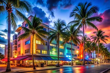 Obraz premium Vibrant Nighttime Miami Beach Hotels, Ocean Drive, Illuminated Architecture, Colorful Buildings, Art Deco Style