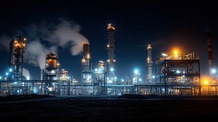 Illuminated Nighttime View of a Sprawling Petrochemical Plant and Gas Processing Facility with Towering Smokestacks Intricate Pipe Networks and Glowing Storage Tanks Set Against an Urban Skyline
