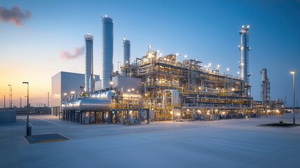 Fototapeta premium Illuminated nighttime industrial scene of a large oil and gas refinery facility with towering structures pipelines storage tanks