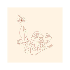 One line drawing of chicken dish and flower – minimalist vector illustration