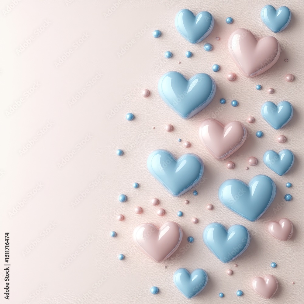 Poster colorful array of glossy hearts in soft blue and pink on a soft beige background