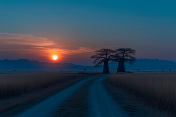 Obraz premium Baobab trees silhouetted against a stunning sunset in the African savanna
