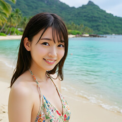 Asian Woman in bikini on Tropical Beach with Turquoise Ocean