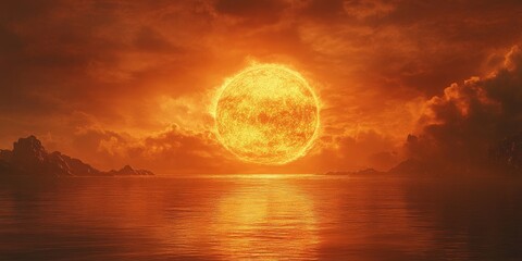 Fiery skies ablaze with sunset hues; vibrant orange and yellow clouds envelop the radiant, glowing sun at the heart. A breathtaking dance of colors paints the horizon, capturing nature's spectacular f