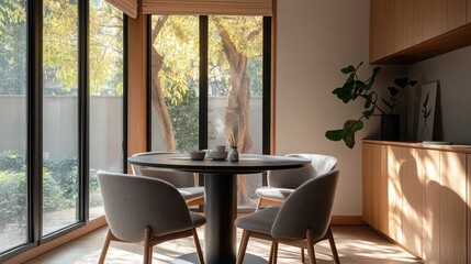 Obraz premium Modern dining area with garden view, bright and airy. Use for interior design or home decor