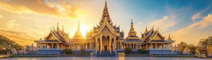 Fototapeta premium Majestic palace with towering spires, intricate carvings, and golden accents, embodying architectural grandeur.