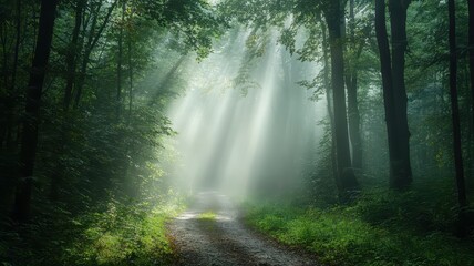 Fototapeta premium A misty path winds through a dense forest, sunlight piercing the fog, creating an enchanting atmosphere.