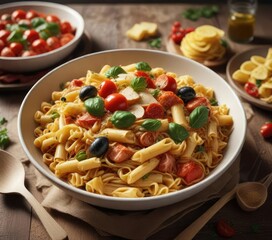 Hearty Italian pasta dish served in a large bowl , grated cheese, rich tomato sauce, meatballs