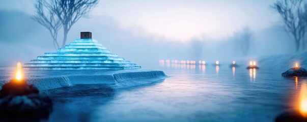 Iceberg melting concept. A serene landscape featuring a glowing pyramid surrounded by water and candlelight.