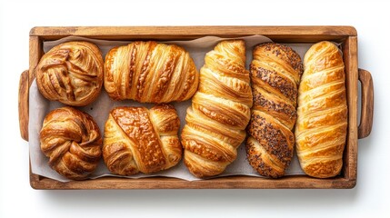 Fototapeta premium Golden Brown Pastries in Rustic Wooden Tray