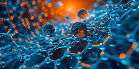 3D rendering of molecular network and chemical bonds | Close-up of molecular structure with glowing particles
