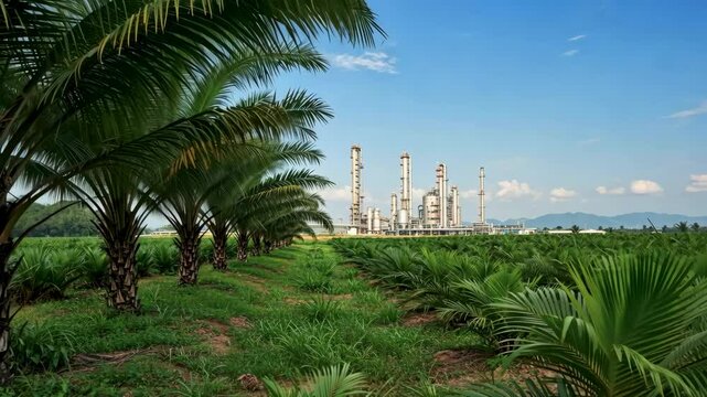 Palm oil plantation with a biodiesel production facility in the background, showcasing the process of biofuel and renewable energy production.