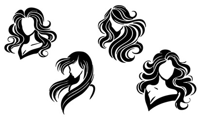 Girl with long beautiful hair. Woman black vector silhouette.