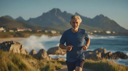 Senior Man Running On Coastal Path With Mountain View