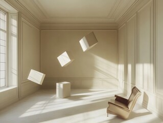 Fototapeta premium Gravity-Defying Room: Objects Floating in Mid-Air