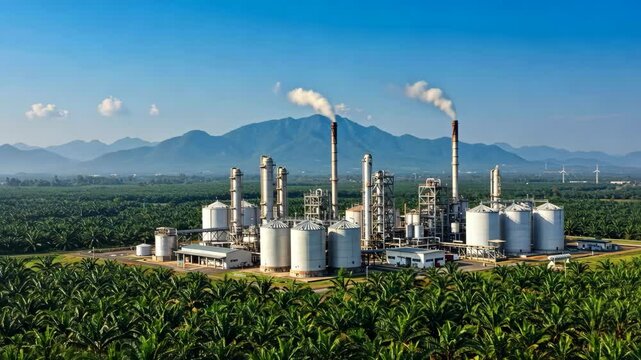 A biodiesel production facility using palm oil as a biofuel source, showcasing renewable energy production and sustainable practices for diesel fuel.