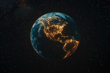 Obraz premium Night view of Earth with glowing city lights highlighted on a world map against the black backdrop of space.