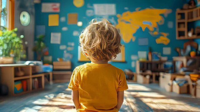 A young child in a yellow shirt observes a colorful classroom with books, toys, and a world map on the wall