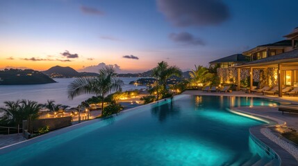 Fototapeta premium A boutique resort countdown by the infinity pool, soft lighting, chic decor, and panoramic sunset views
