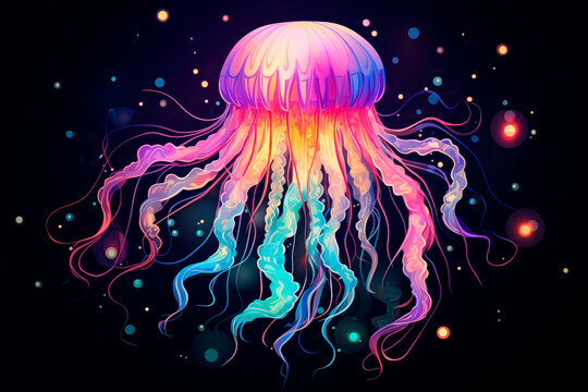 Illustration of multicolored jellyfish on a dark background, marine animal. Image created with AI