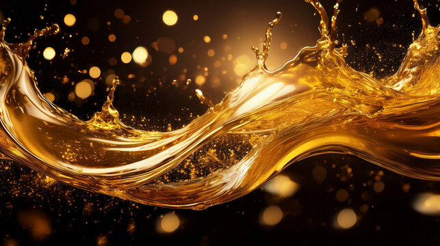 &Eacute;claboussure de liquide dor&eacute;e avec des lumi&egrave;res bokeh brillantes sur fond sombre