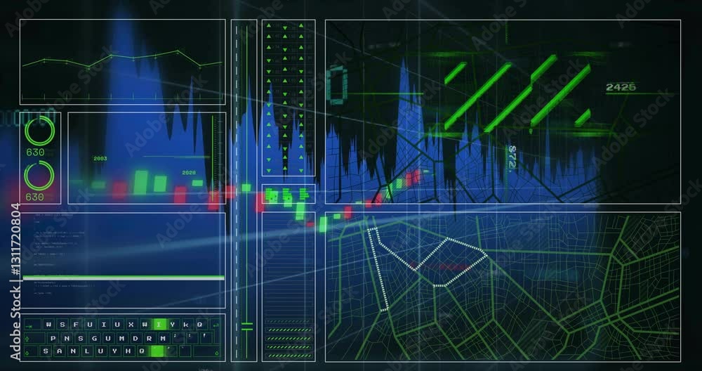 Poster financial data analysis with graphs and charts in digital interface animation