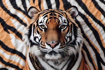 Fototapeta premium Tiger is staring at the camera with its eyes wide open. The tiger is surrounded by a zebra print background, which adds a sense of wildness and exoticism to the image
