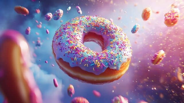 Levitating Donut with Rainbow Sprinkles in a Cosmic Setting