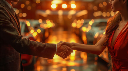 Fototapeta premium Handshake of man and woman on blurred city background with lights and bokeh. Deal, conclusion of agreement. Symbol of equality in business. Copy space for text.