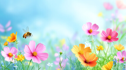 Vibrant wildflowers and bumblebee in blooming meadow under clear blue sky