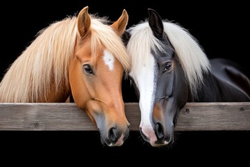 Obraz premium Two beautiful horses with flowing manes resting their heads on a wooden fence