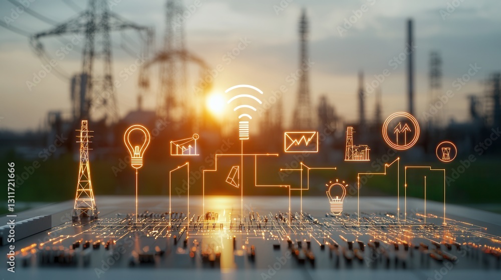 Poster futuristic smart power grid concept art featuring automated energy transmission distribution and man