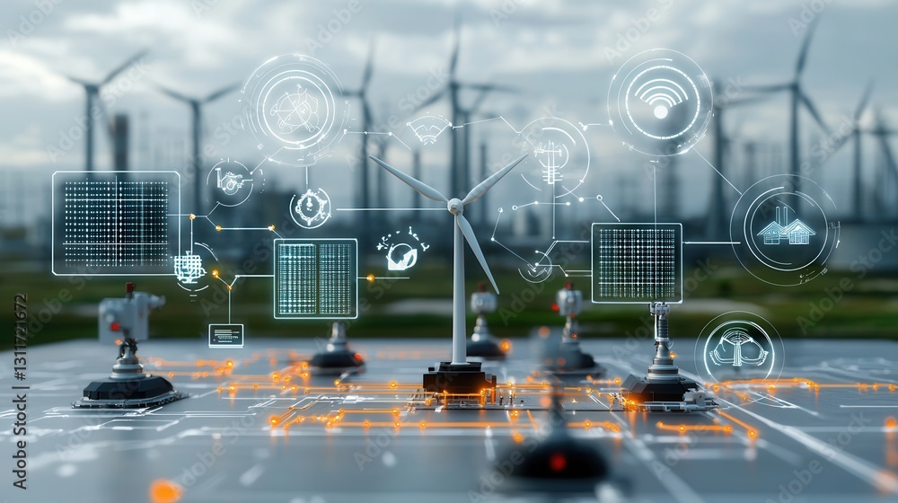 Poster automated smart power grid concept featuring renewable energy technology like wind turbines and sola